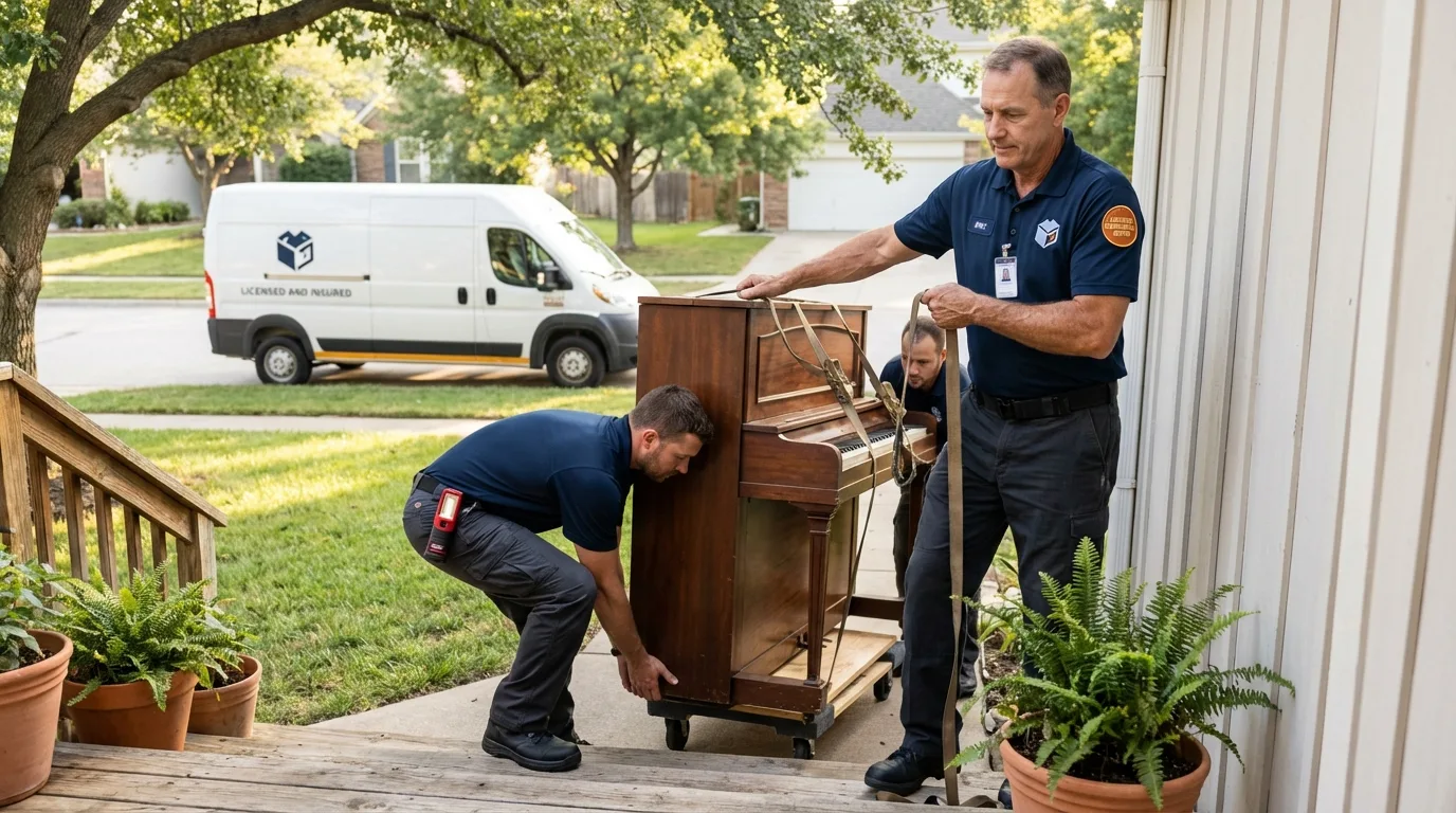 Licensed piano movers securing grand piano in Kingston, NY