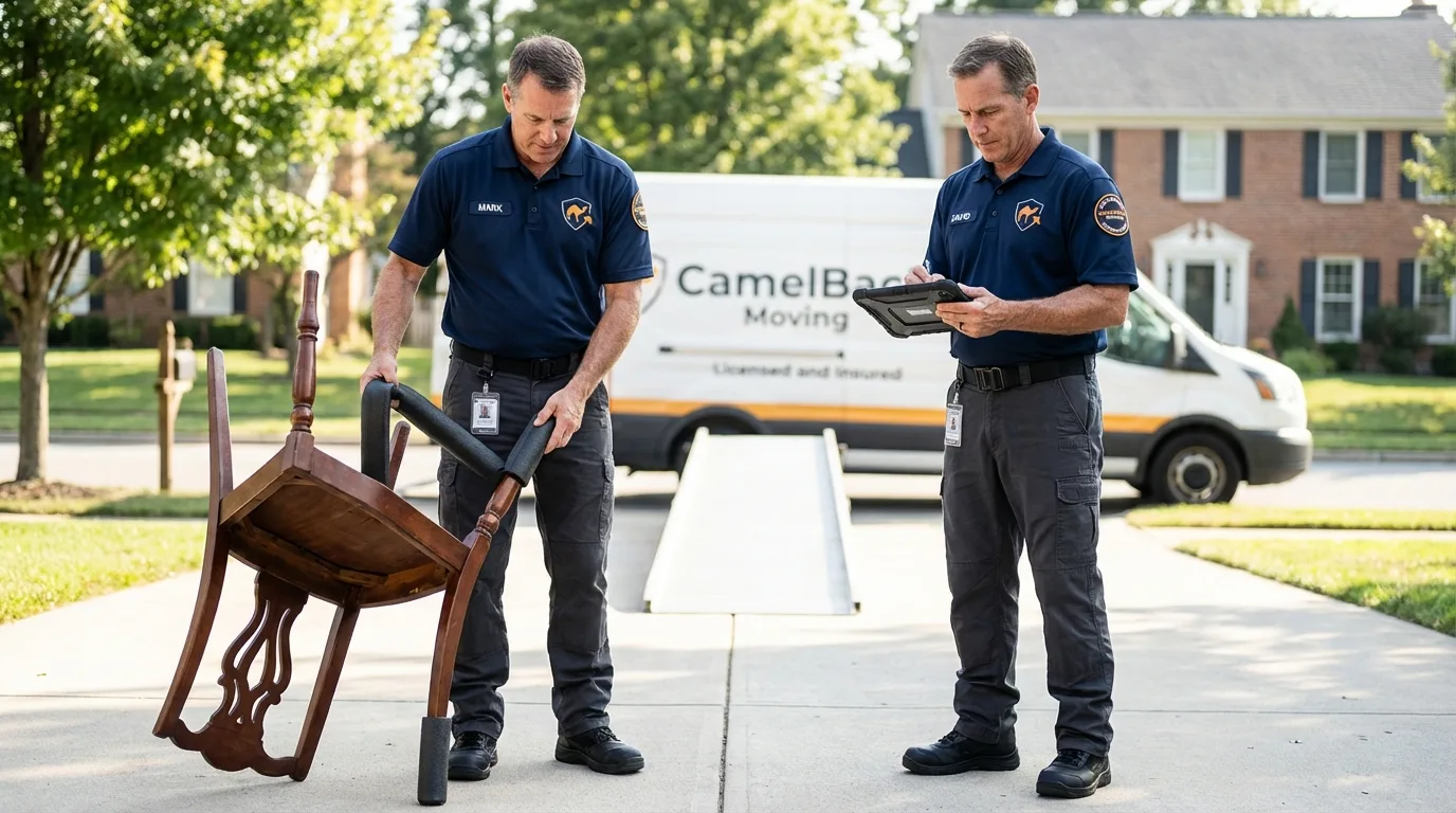 Movers inspecting furniture for damage prevention before loading in Kingston, NY